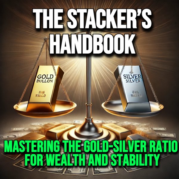 A professionally designed image featuring the cover of The Stacker’s Handbook, an expert guide to mastering gold and silver investments.