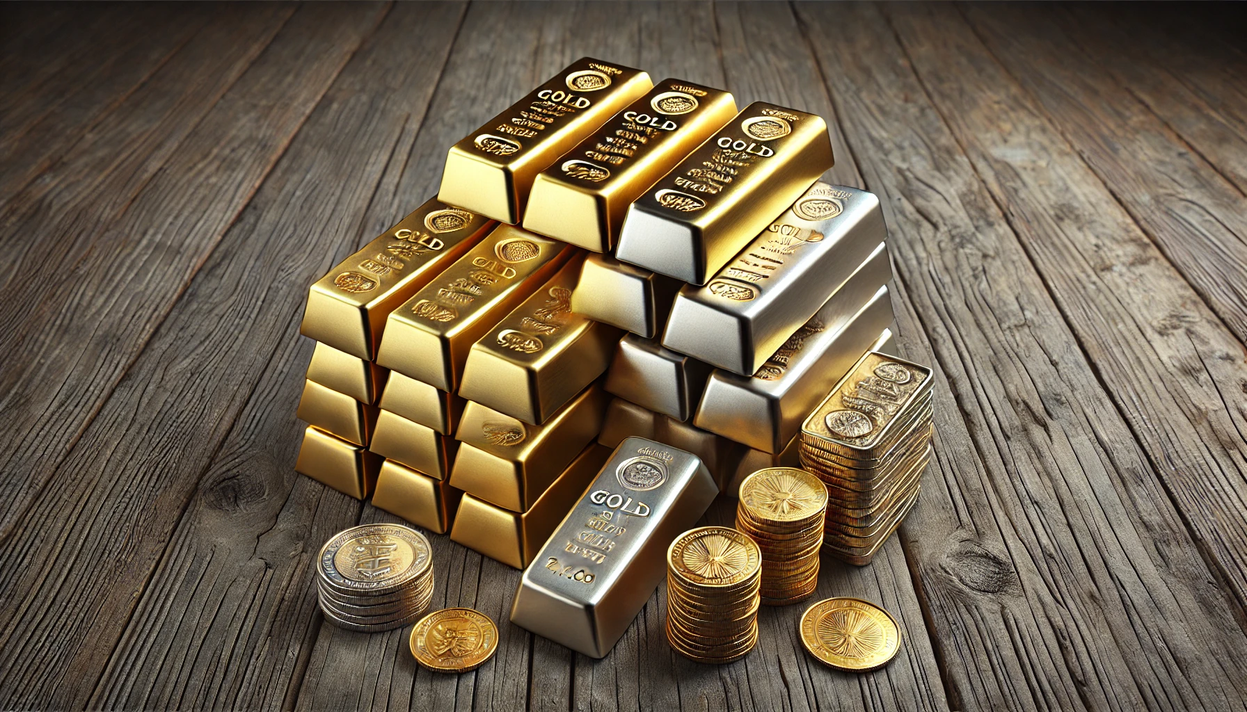 Gold and Silver Bullion Bars Stacked on Wooden Table