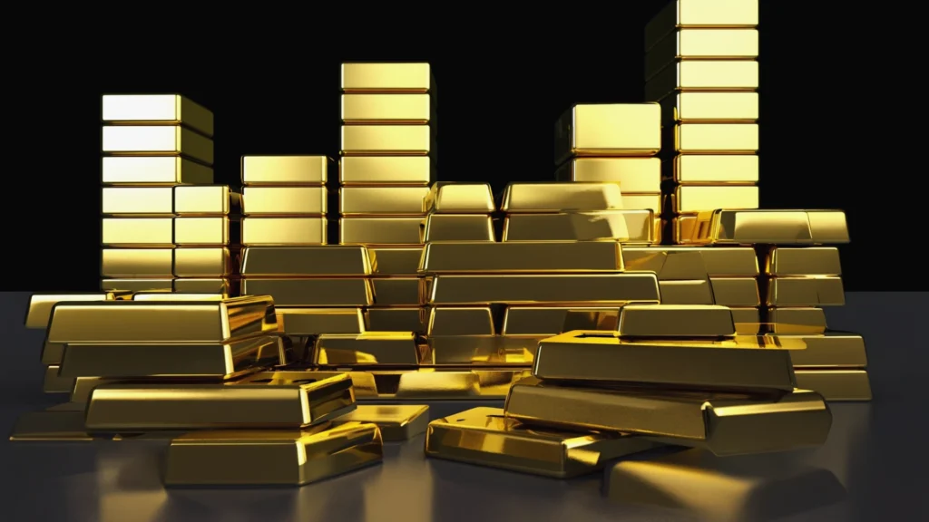 gold bars stacked high