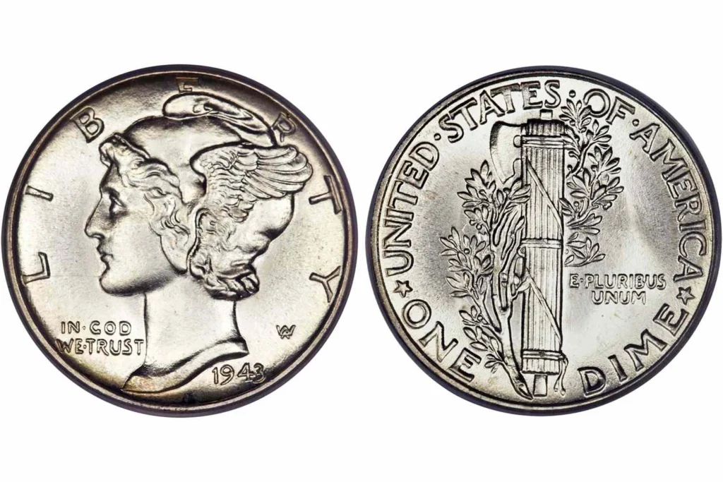 Collection of Mercury Dimes with obverse and reverse views.