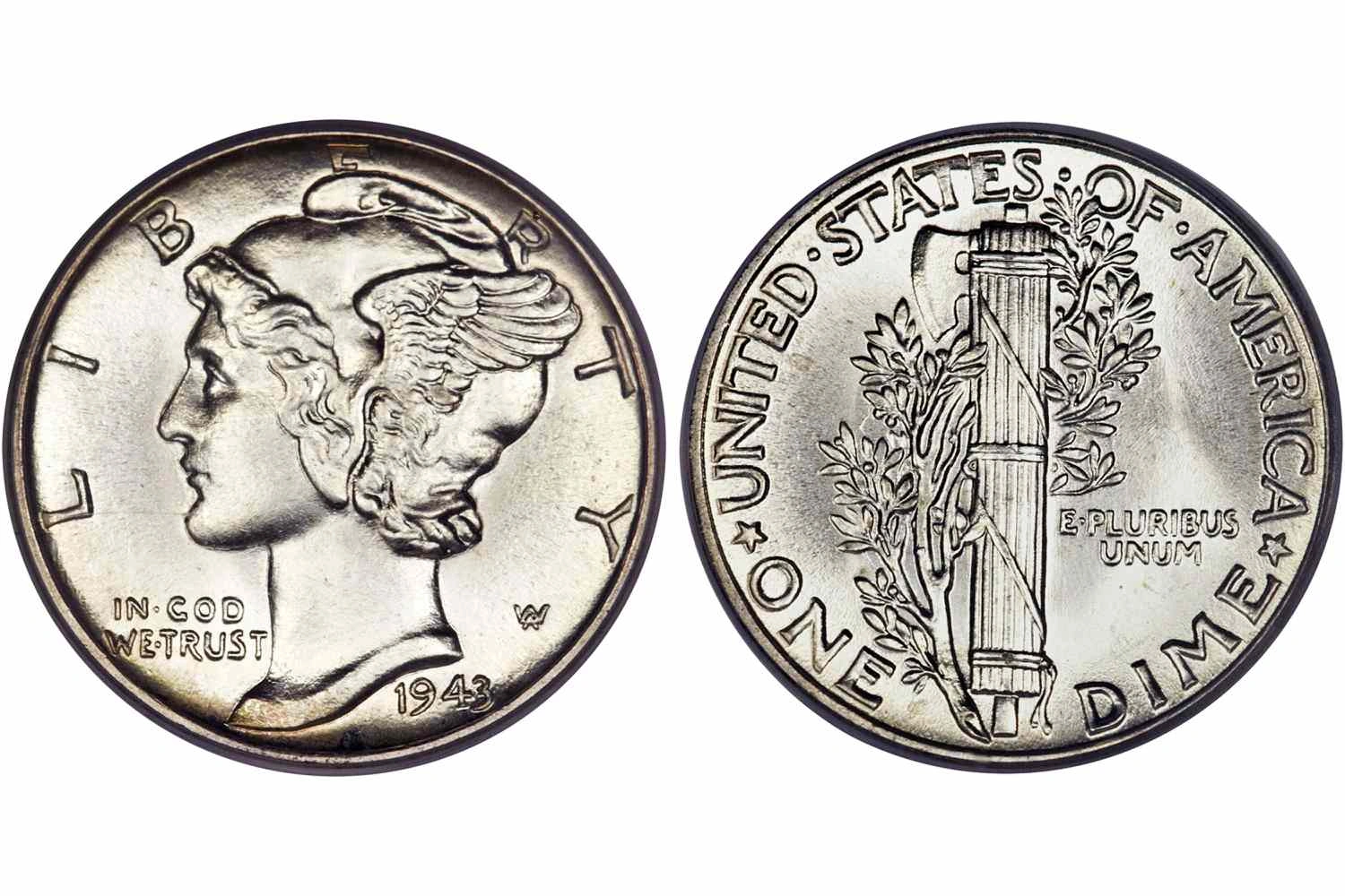 Collection of Mercury Dimes with obverse and reverse views.