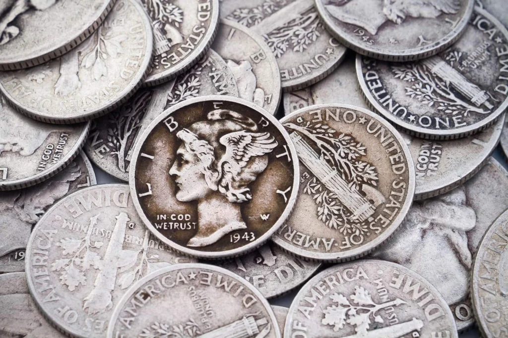 Junk silver coins including pre-1965 U.S. dimes, quarters, and half dollarsJunk silver coins including pre-1965 U.S. dimes, quarters, and half dollars
