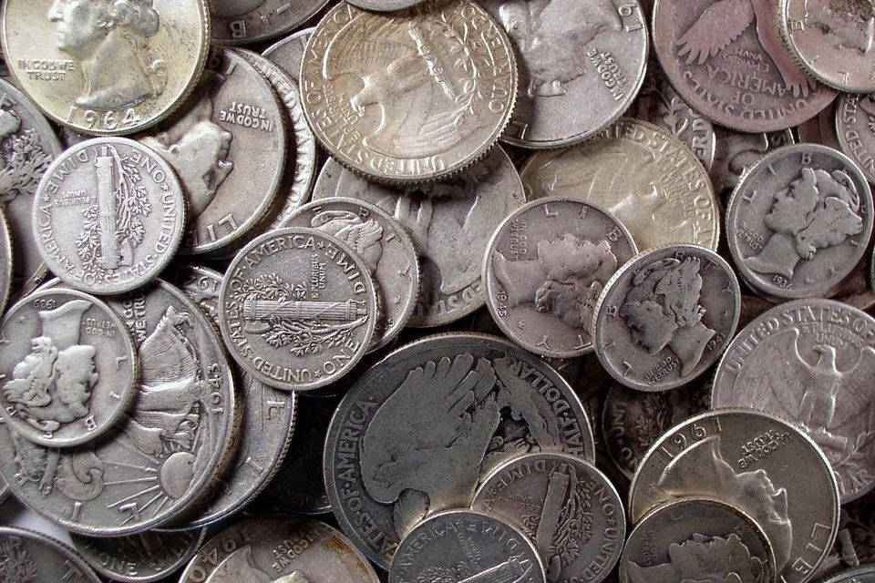 Close-up of junk silver coinage with numismatic interest