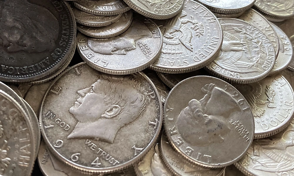 junk-silver-coins Mixed U.S. junk silver coins for stacking and trading