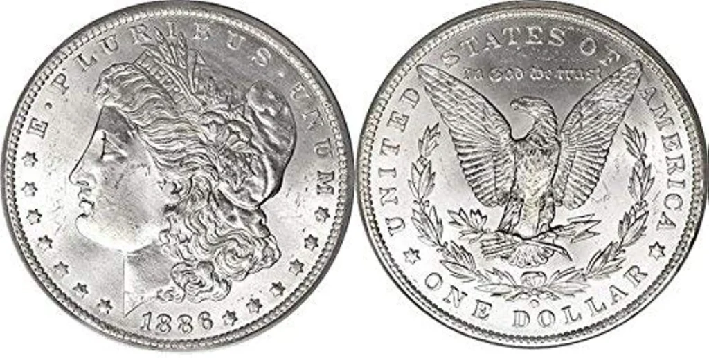 Morgan Silver Dollar close-up showing Lady Liberty and classic U.S. coin details.
