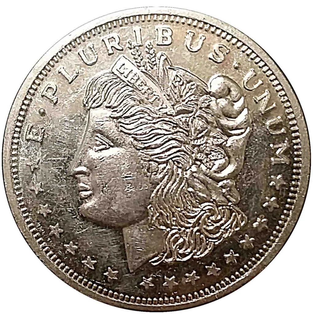 Close-up of a single Morgan Silver Dollar showcasing Liberty and heraldic eagle design.